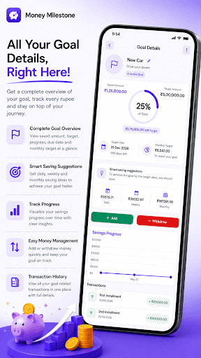 Money Milestone app showing goal details with savings progress